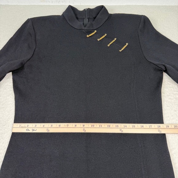 St. John Santana Knit Dress 14 Black Long Sleeve Gold Bar Accents Mock Neck READ - Picture 10 of 12